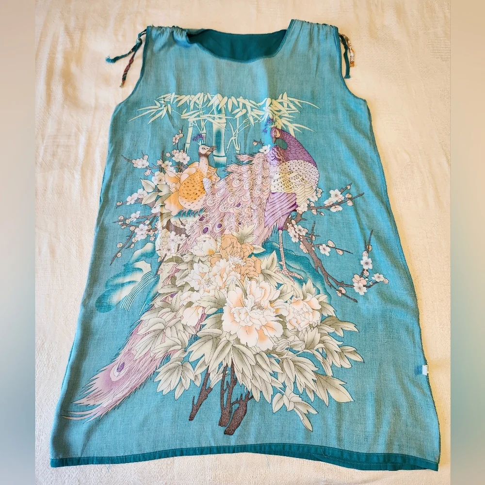 Teal Peacock Print Tunic Midi Dress🦚95% Cotton - Picture 5 of 8